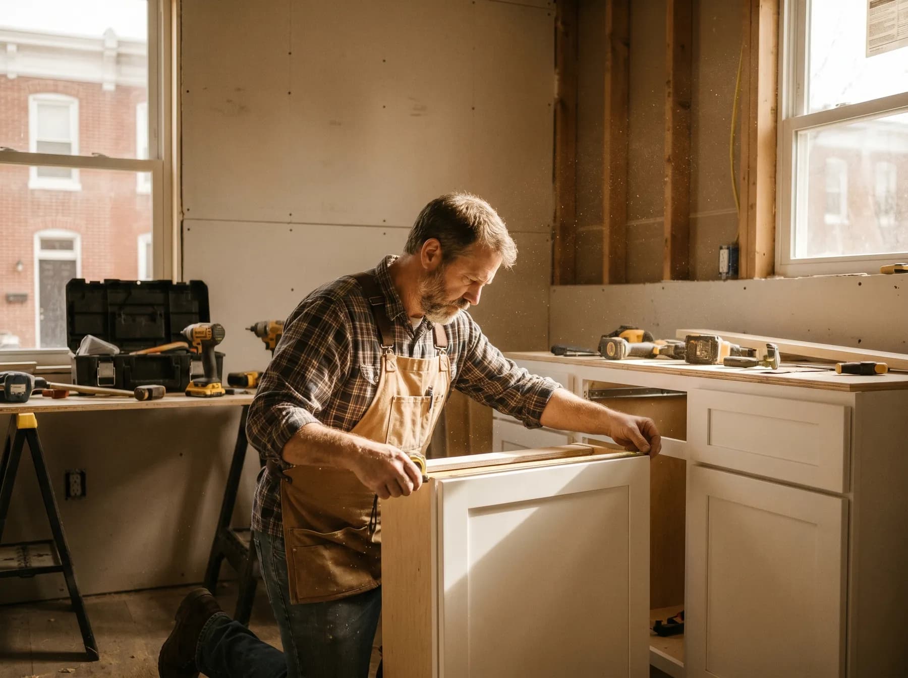 A kitchen remodeler fitting custom shaker cabinetry with focused craftsmanship