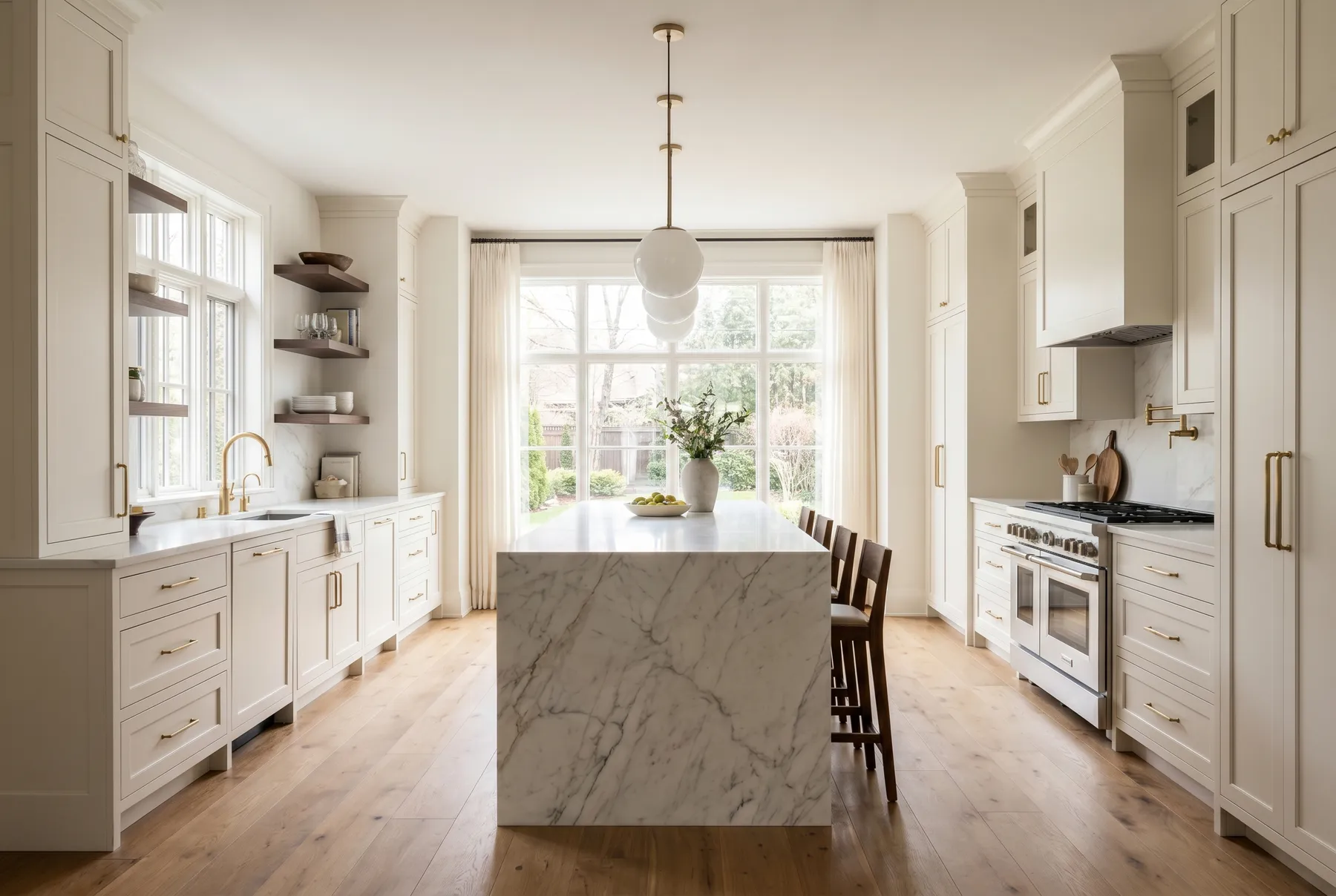 A newly remodeled transitional kitchen with warm white shaker cabinetry, brass fixtures, and a marble waterfall island